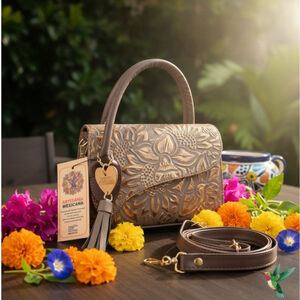 Gold Taupe Brown Sunflower Embossed Tooled Artisan LEATHER Crossbody Purse